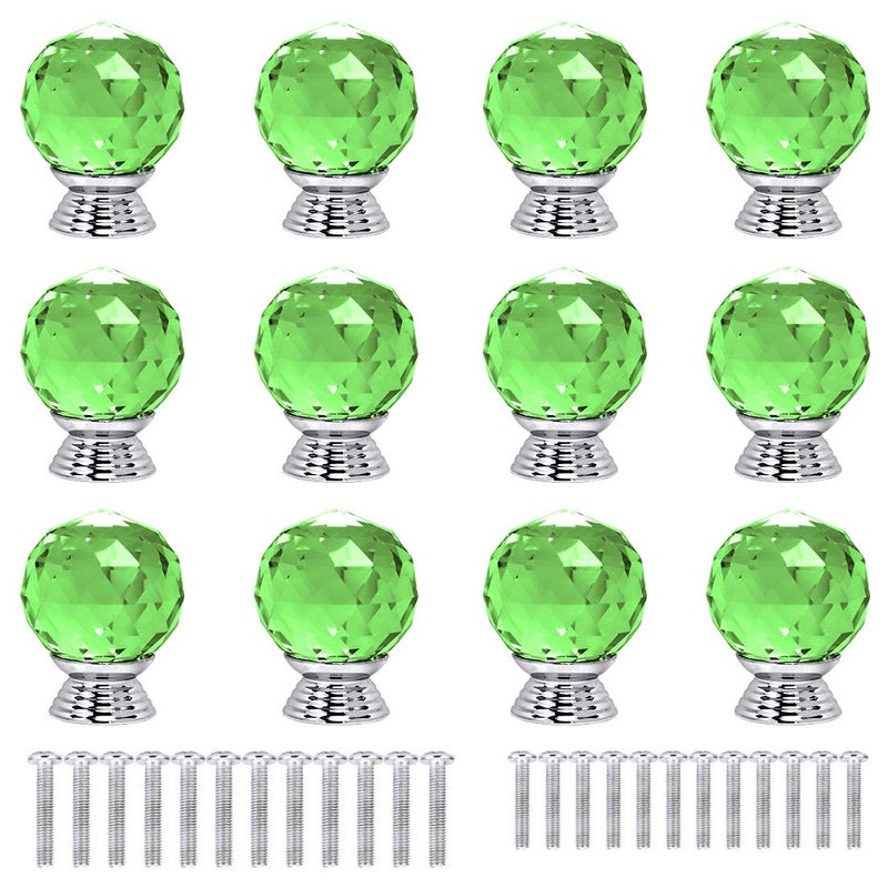 ANJUU 12 Pcs 30mm Round Shape Crystal Glass Cabinet Knobs with Screws Drawer Knob Pull Handle Used for Kitchen, Dresser, Door, Cupboard(Green - Image 1